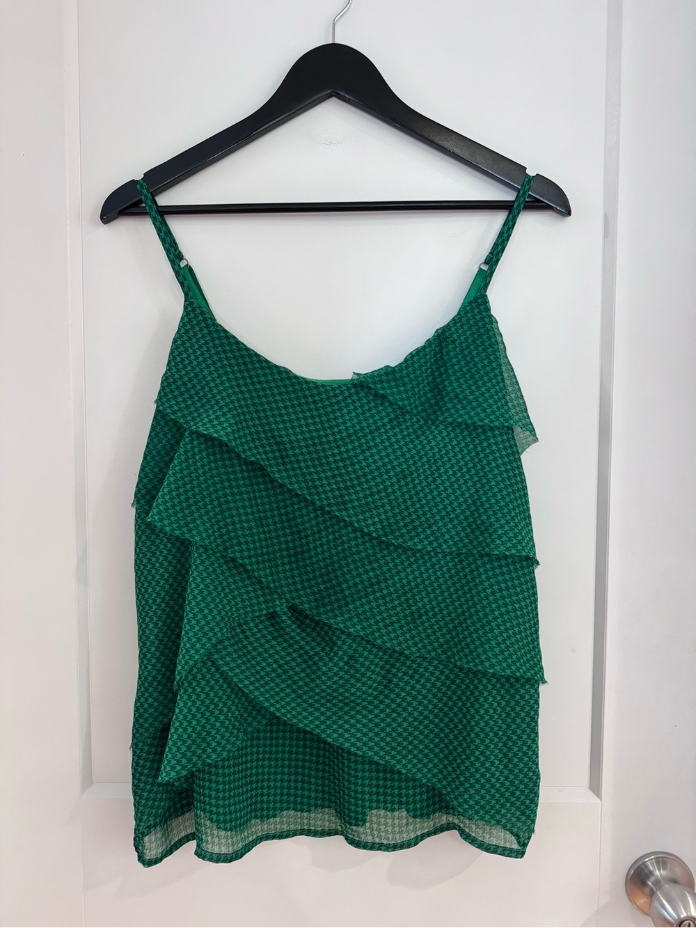 New York & Company Vintage Green Houndstooth Ruffle Spaghetti Strap Tank